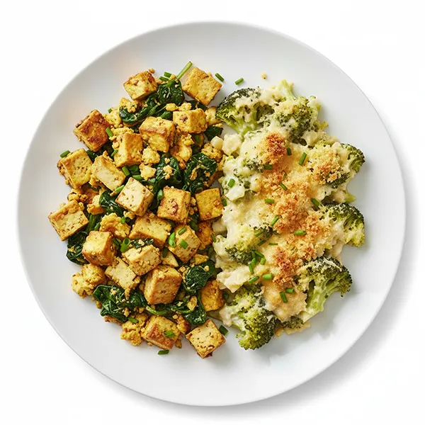Smoked tofu scramble with spinach broccoli gratin